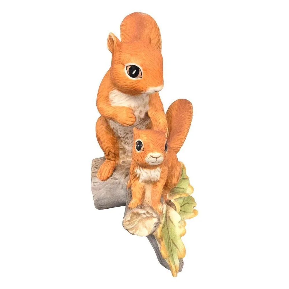 Vintage HOMCO #1457 Squirrel Mom & Baby Figurine Woodland Ceramic Log Leaves